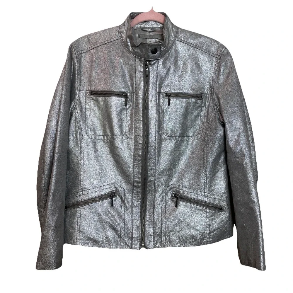 Chico's Lavish Luster Metallic Silver Leather Motorcycle‎ Jacket Sz 1 Medium Y2K